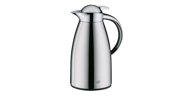 Alfi Isolierkanne Signo 1 l aus silberfarbenem Edelstahl mit schwarzem Griff und Ausguss, auf weißem Grund.