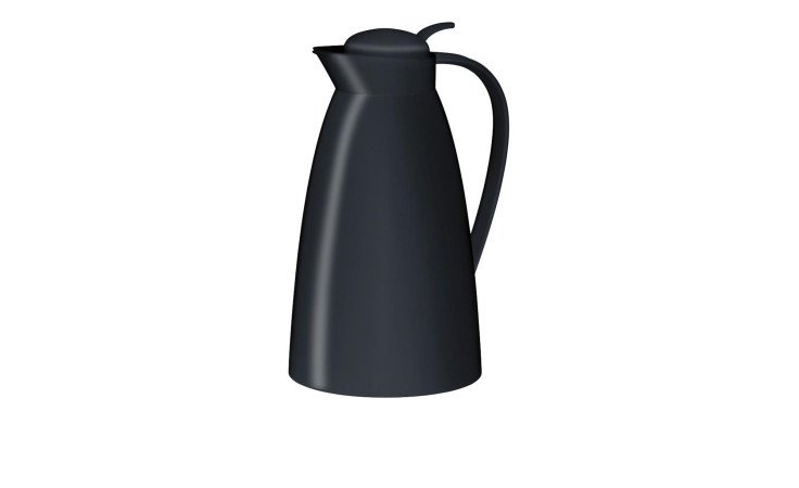 Die Alfi Isolierkanne Eco 1 l ist eine moderne schwarze Isolierkaraffe mit Henkel und Ausguss auf weißem Grund.