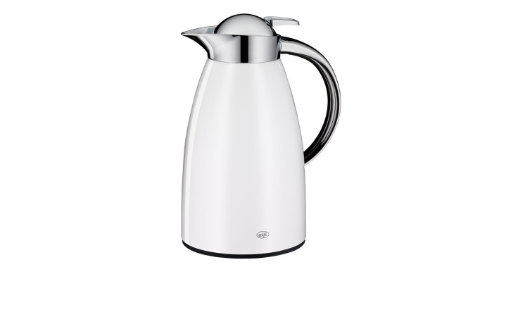Die Alfi Isolierkanne Signo 1 l ist eine elegante weiß-silberne Thermokaraffe mit geschwungenem Griff und Metallauslauf.