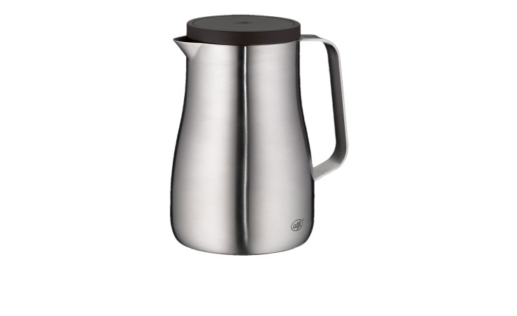 Alfi Isolierkanne Studio 700 ml, silberfarben, Edelstahl mit schwarzem Griff und Deckel auf weißem Hintergrund.