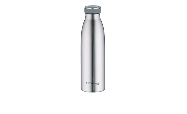 Silberfarbene Thermos Isolierflasche TC 500 ml aus Edelstahl mit schmalem Hals und Schraubverschluss, isoliert.