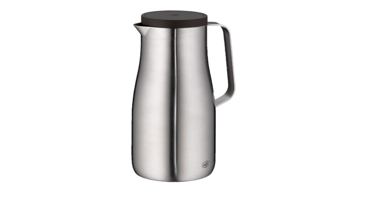 Alfi Isolierkanne Studio 1 l, silberfarben, Metall, Griff und dunkler Deckel - isoliert vor weißem Hintergrund.