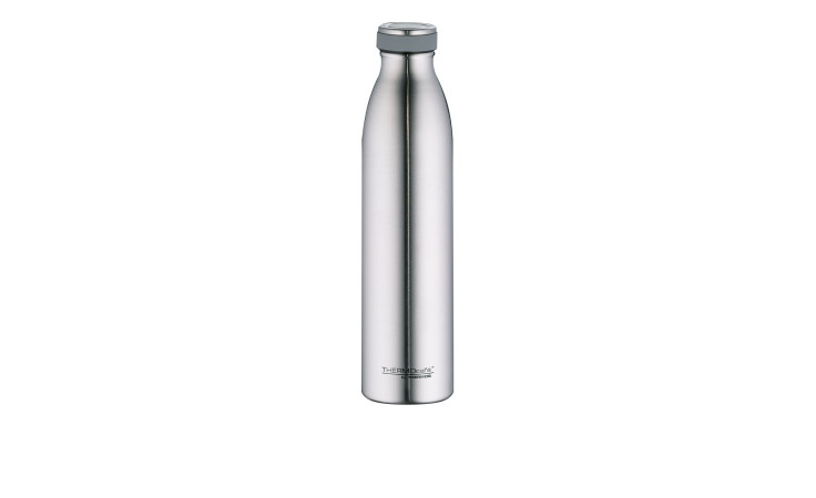 Die Alfi Thermos Isolierflasche TC 750 ml, silber mit grauem Deckel, steht hoch und schlank vor weißem Hintergrund.