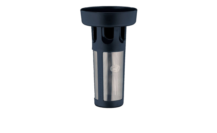 Alfi Teefilter Dan Tea mit einem Metallgitter und schwarzem Kunststoffrahmen, aufrecht auf weißem Hintergrund.