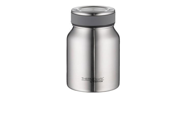 Silberfarbenes Thermos Speisegefäß 500 ml aus Metall mit grauem Deckel, stehend auf weißem Hintergrund.