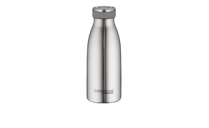 Die Thermos Isolierflasche TC 350 ml, 19 cm hoch, silberfarben, steht aufrecht auf weißem Grund.