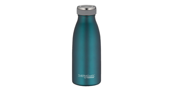 Teal Thermos Isolierflasche TC 350 ml mit einem silbernen Deckel, aufrecht auf einem weißen Hintergrund.