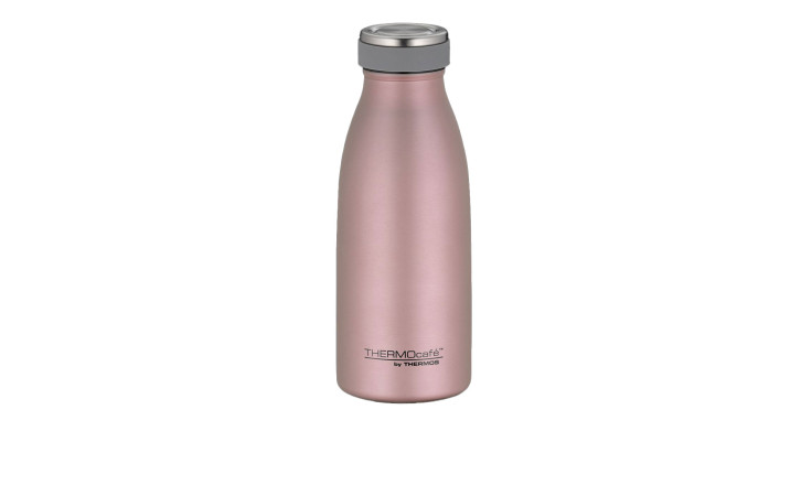 Die Thermos Isolierflasche TC 350 ml in Rosa mit silbernem Schraubdeckel steht vor weißem Hintergrund.
