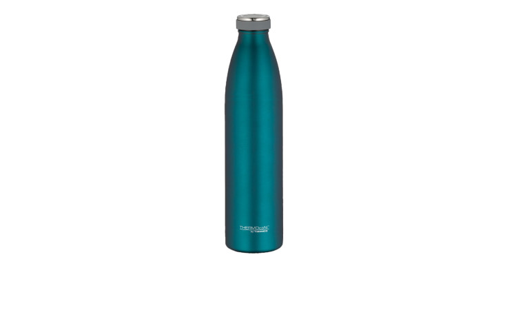 Thermos Isolierflasche TC 1 l, hohe blau-grüne Edelstahlflasche mit silbernem Verschluss auf weißem Grund.