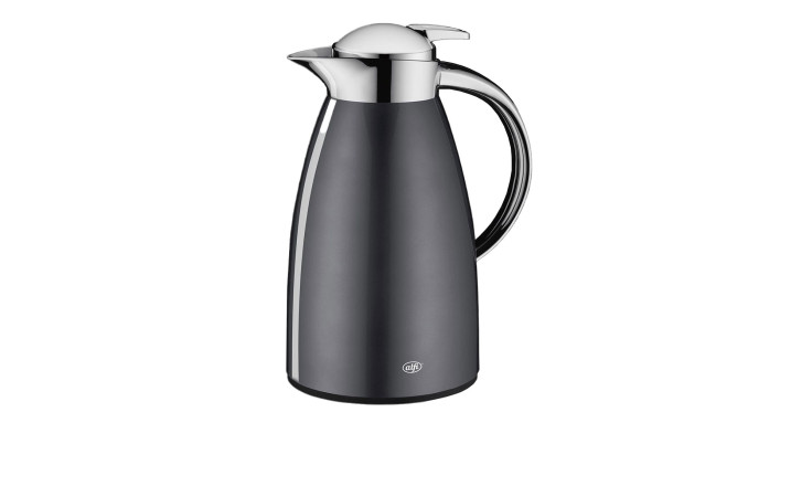 Die Alfi Isolierkanne Signo 1 l ist eine elegante grau-silberne Thermokaraffe mit Griff, die Getränke heiß oder kalt hält.