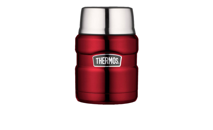 Rote Alfi Thermos Speisegefäß Stainless King 470 ml mit silbernem Deckel und Logo, isoliert auf weißem Hintergrund.