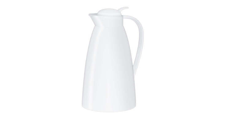 Die Alfi Isolierkanne Eco 1 l aus weißem Kunststoff mit Henkel und Ausguss vor weißem Hintergrund.
