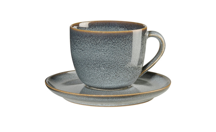 Die ASA Selection Cappuccinotasse mit Unterteller Saisons 230 ml ist grau gesprenkelt und hat braune Ränder.