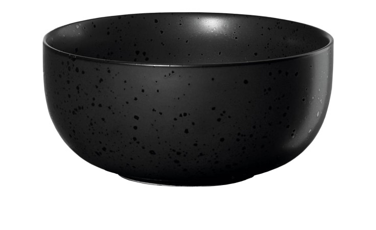 Die ASA Selection Snackschale Coppa 11 cm ist eine mattschwarze Porzellanschale mit einem gesprenkelten Muster, abgebildet auf Weiß.