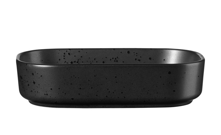 Die ASA Selection Snackschale Coppa, 15 cm, schwarz gesprenkeltes Porzellan mit abgerundeten Ecken, auf weißem Grund.