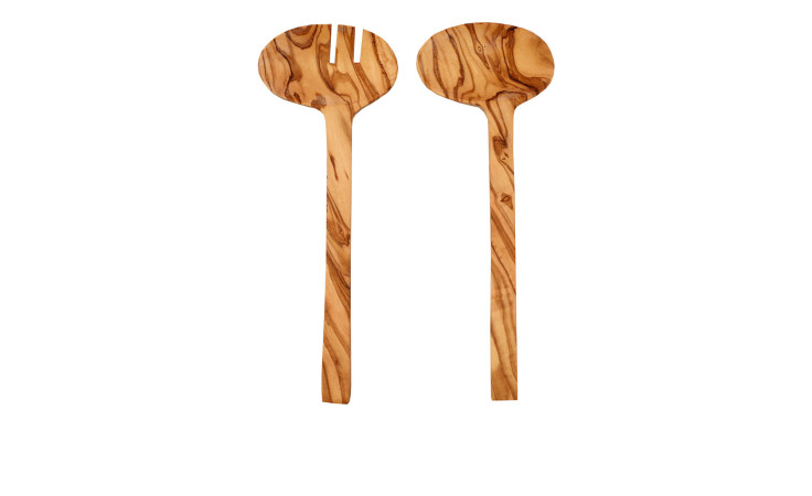 Zwei Salatbestecke aus Holz 7 x 26 cm, eine Gabel und ein Löffel, mit langen Griffen auf weißem Hintergrund.