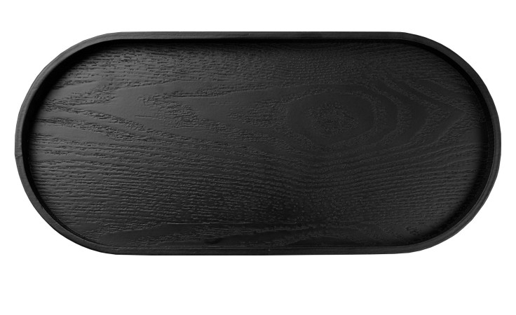 Das Holztablett Wood 16,5 x 35,5 cm ist ein schwarzes, ovales Holztablett mit sichtbarer Maserung, dargestellt von oben.