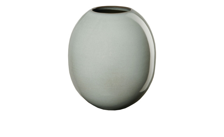 Ovale Steingut Vase Tamago, grau, 14,5 cm hoch, kleine Öffnung, vor weißem Hintergrund.