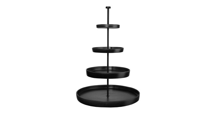 Die Etagere Grande 41 cm ist ein vierstöckiges rundes Metalltablett in Schwarz mit zentralem Stab, isoliert auf Weiß.