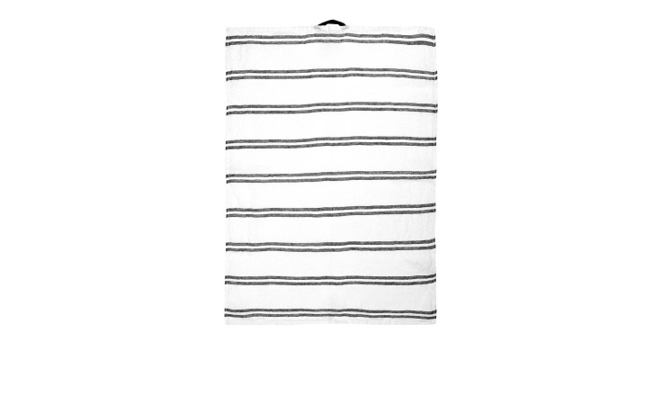 Geschirrtuch 50 x 70 cm: weißes Leinenhandtuch mit schwarzen Streifen und einer Aufhängeschlaufe, abgebildet auf weißem Hintergrund.