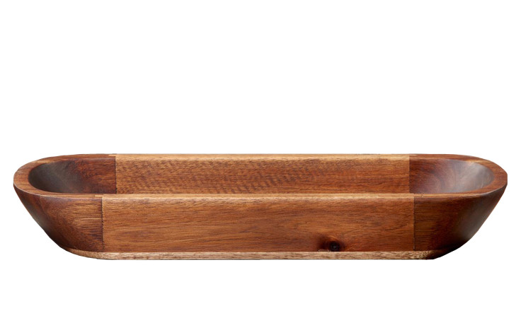 Das ASA Selection Schale Wood Tablett (10x4x38 cm) in warmen braunen Holztönen, mit abgerundeten Kanten, auf weißem Hintergrund.