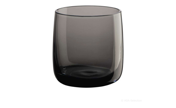 Der ASA Selection Glas Colored 200 ml Becher hat einen schwarzen Farbton und einen Durchmesser von 8 cm, abgebildet auf einem weißen Hintergrund.