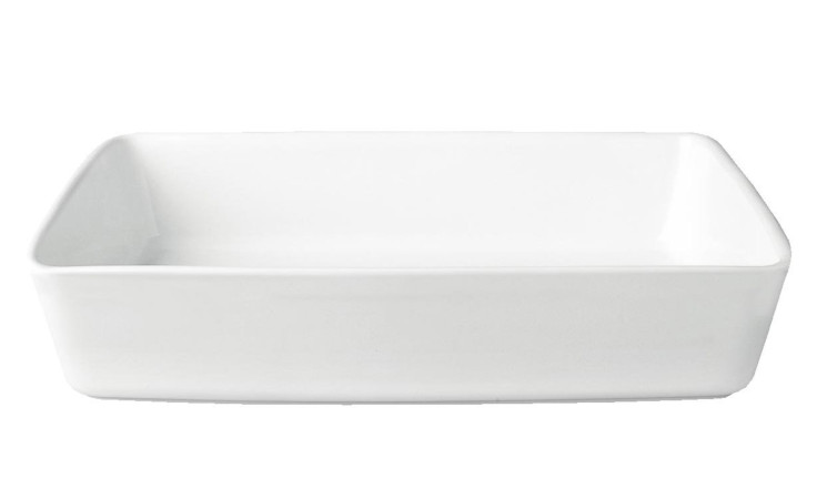 Die ASA Selection Auflaufform Grande 26 x 7,5 x 35 cm ist eine glänzende, rechteckige Schale aus weißem Steingut mit geraden Seiten.
