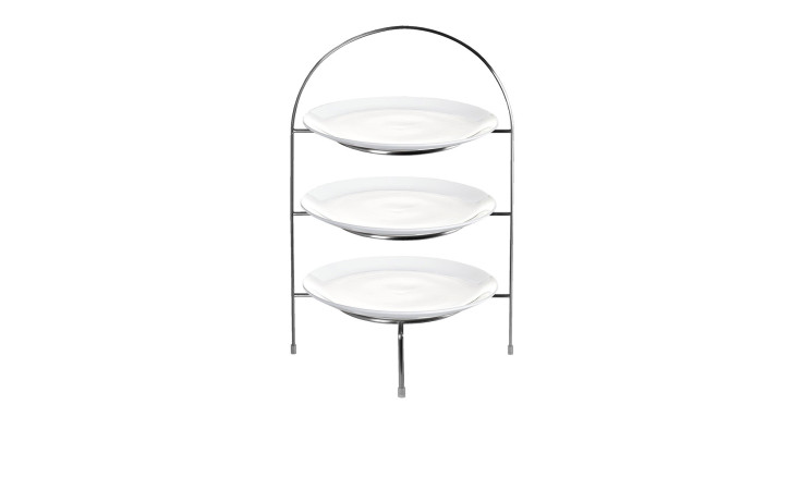 Etagere á table 27 cm von ASA Selection: Edelstahl, silberfarben, drei runde weiße Teller, vertikal angeordnet.
