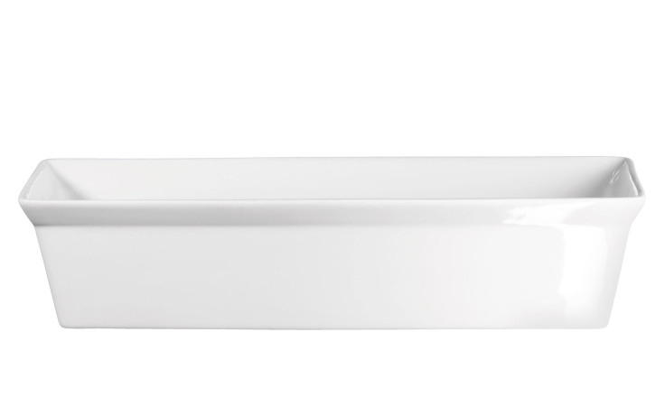 Die ASA Selection Gratinform, 17 x 6 x 27 cm, ist eine schlichte rechteckige weiße Porzellanschale auf weißem Grund.