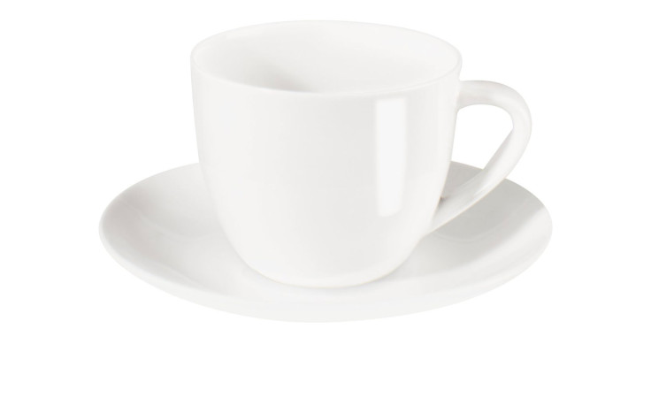 Die ASA Selection Cappuccinotasse à table 250 ml steht auf einer weißen Untertasse, beide vor weißem Hintergrund.