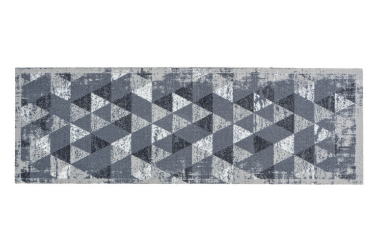 Astra Fußmatte Miabella 50x150cm in grau zeigt ein graues, schwarzes und weißes geometrisches Dreiecksmuster aus Polyamid.