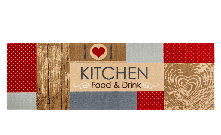 Astra Fußmatte Miabella 50x150 cm: Rechteckige Matte mit Herzen, Holzdesign, roten Punkten und dem Text "Kitchen Food & Drink".