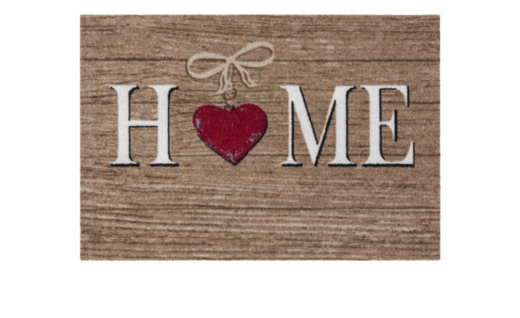 Die Astra Fußmatte Homelike 40x60 cm zeigt "HOME" mit einem roten Herz O auf einem braunen Hintergrund in Holzoptik.
