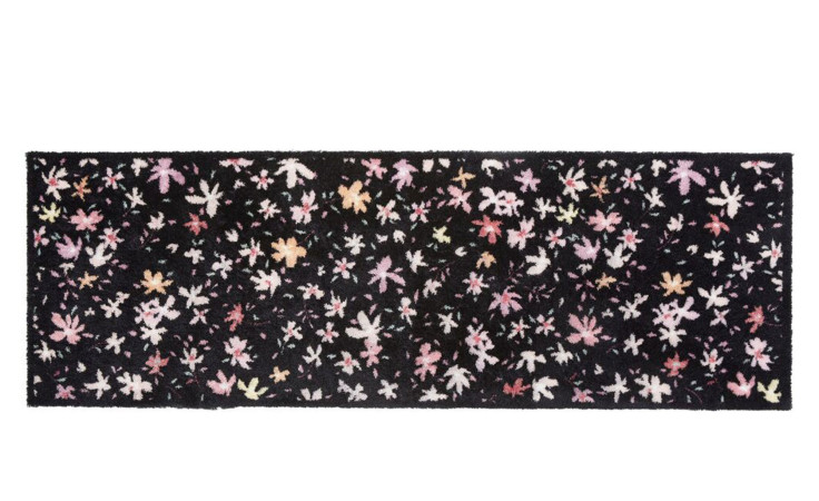 Astra Fußmatte Pure und Soft 50x150 cm: strapazierfähiger Nylonteppich mit rosa, weißen und gelben Blumenmustern.