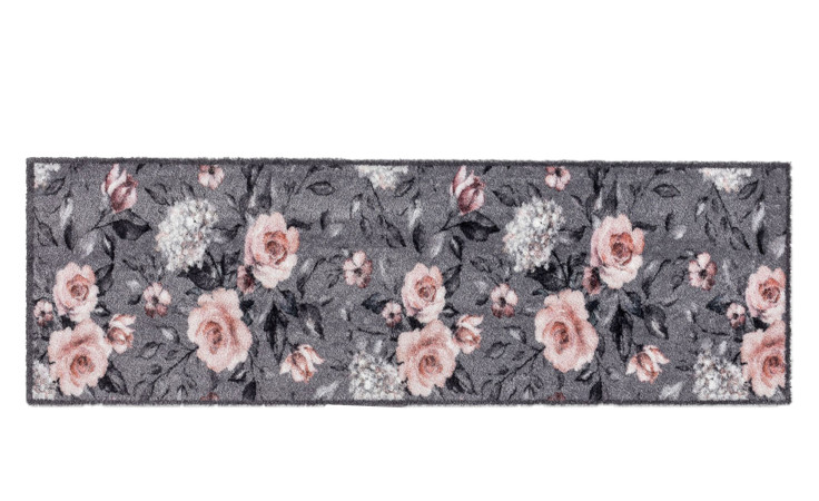 Astra Fußmatte Pure und Soft 50x150 cm - grauer Polyamid-Läufer mit rosa und weißen Rosen auf weißem Hintergrund.