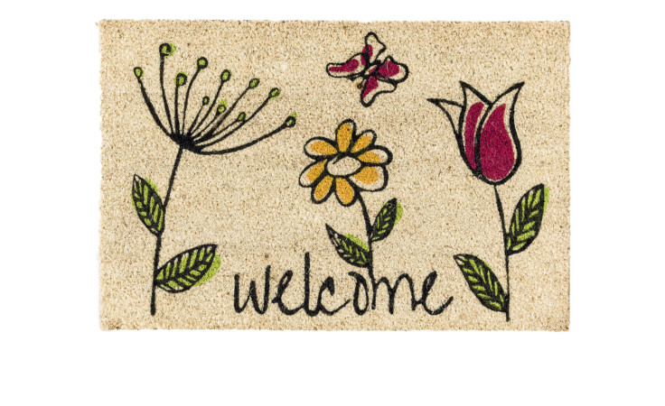 Die Astra Fußmatte Coco Style 40 x 60 cm zeigt bunte Blumen, grüne Blätter und "Welcome" in schwarzer Schreibschrift.