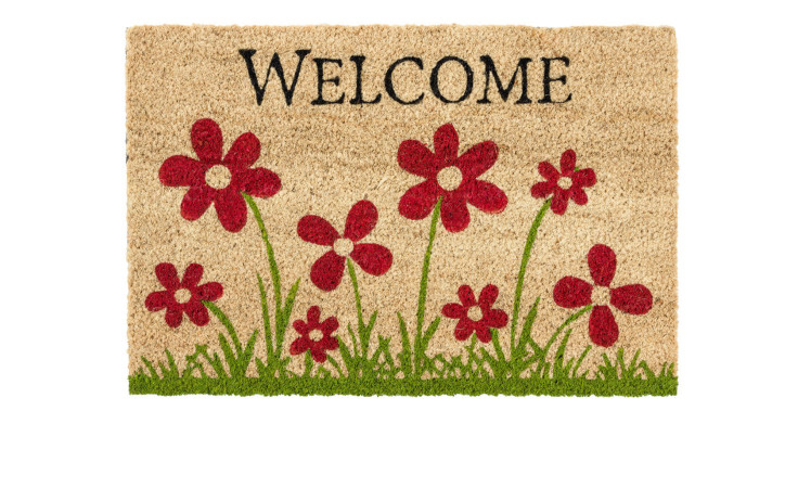 Astra Fußmatte Coco Style 40x60 cm, mehrfarbig mit WELCOME, roten Blumen und grünen Stielen auf Gras.