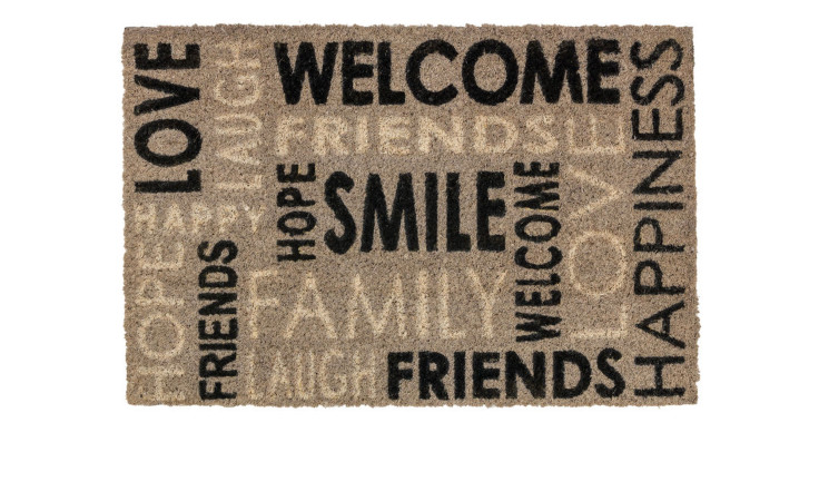 Astra Fußmatte Coco Style 40x60 cm in Grau/Braun mit fett: WILLKOMMEN, LÄCHELN, LIEBE, FREUNDE, HOFFNUNG, FAMILIE, GLÜCK.