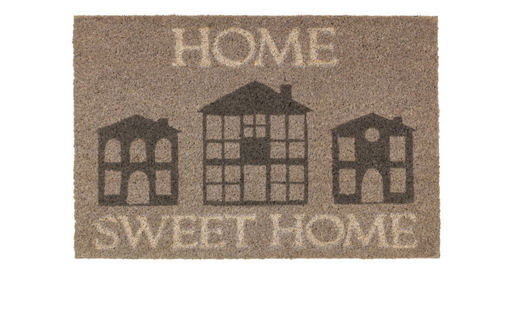 Astra Fußmatte Coco Style 40x60cm: braun, mit drei Hausmotiven und "Home Sweet Home" oben und unten bedruckt.