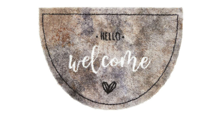 Astra Fußmatte Pure und Soft 50x70 cm, halbkreisförmig, mehrfarbig mit weißem "Hello welcome" & Herz-Motiv aus Nylon.