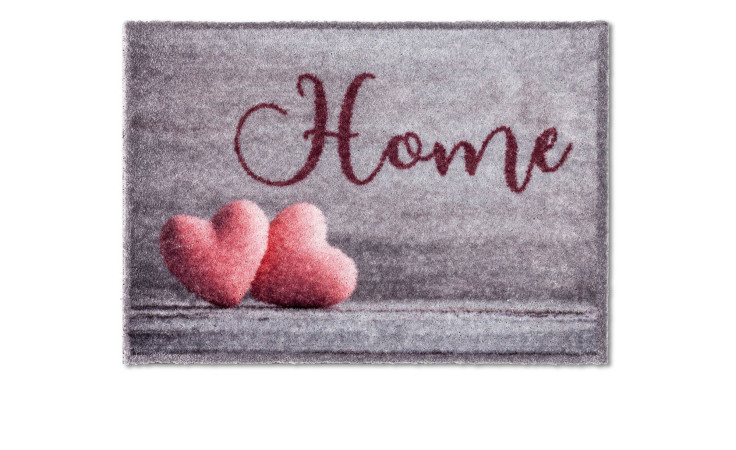 Astra Fußmatte Pure und Soft 50x70cm aus Polyamid mit zwei pinken Herzen und "Home" auf silber-grauem Hintergrund.