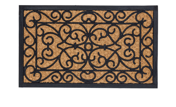 Fußmatte Coco Deluxe Light 45x75cm von Astra aus Natur-Kokos, braun mit schwarzem Schnörkelwerk und Rand.