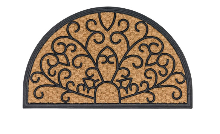 Astra Fußmatte Coco Deluxe Light 45 x 75 cm: Halbkreis, Schwarz mit Braunrand und naturfarbenem Kokos.