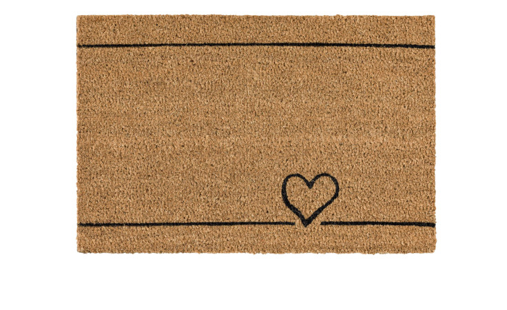 Astra Fußmatte Coco Smart 40x60 cm aus Naturmaterial mit zwei schwarzen Linien und Herz unten rechts.
