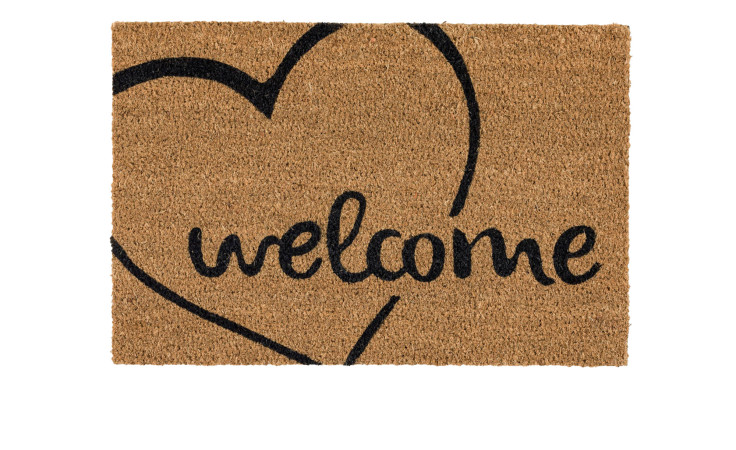 Astra Fußmatte Coco Smart 40x60 cm aus Kokos mit schwarzem Herz und "welcome"-Schrift in Schwarz.