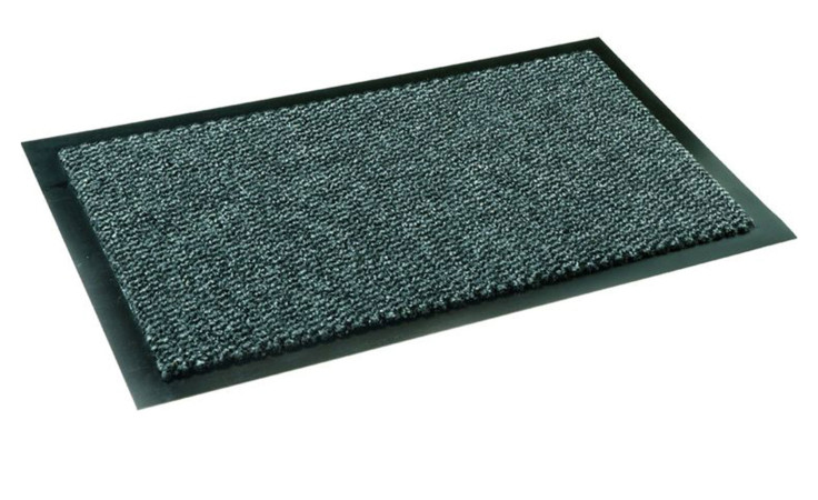 Astra Fußmatte Saphir 60x90cm: grau, rechteckig, Polypropylen-Oberfläche, schwarzer Gummirand, weißer Hintergrund.