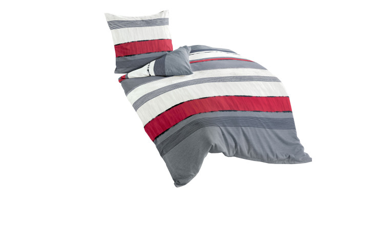 Mako-Satin-Bettwäsche 135 x 200 cm Set: Kopfkissenbezug, Bettdecke, Streifen in grau, weiß, rot & schwarz.