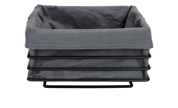 Der Justinus Bestecke Brotkorb LifeStyle ist ein schwarzer Drahtkorb mit einem abnehmbaren grauen Stoffbezug für eine stilvolle Einrichtung.