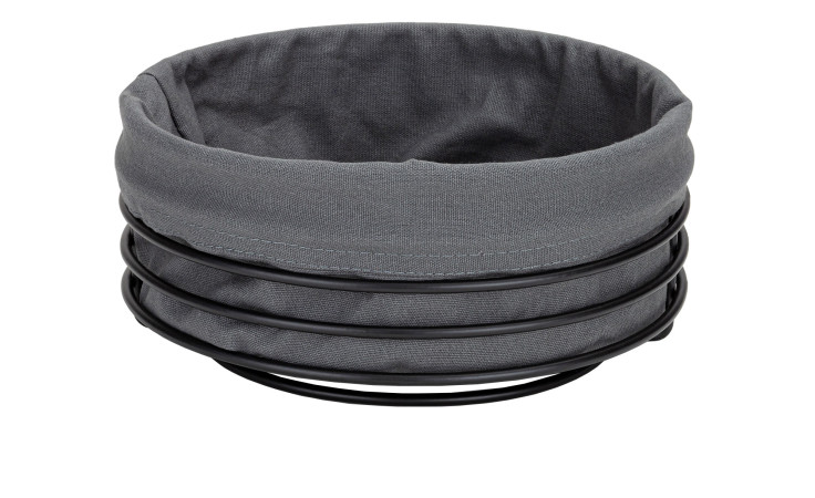Der Brotkorb LifeStyle von Justinus Bestecke ist ein runder Drahtkorb mit herausnehmbarem grauem Innenfutter, 43 cm, Ansicht von oben.
