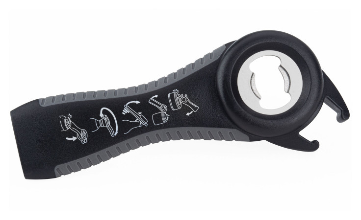 Schwarz/graue Justinus Bestecke Multi-Öffner LifeStyle mit Symbolen am Griff für Dosen und Flaschen.